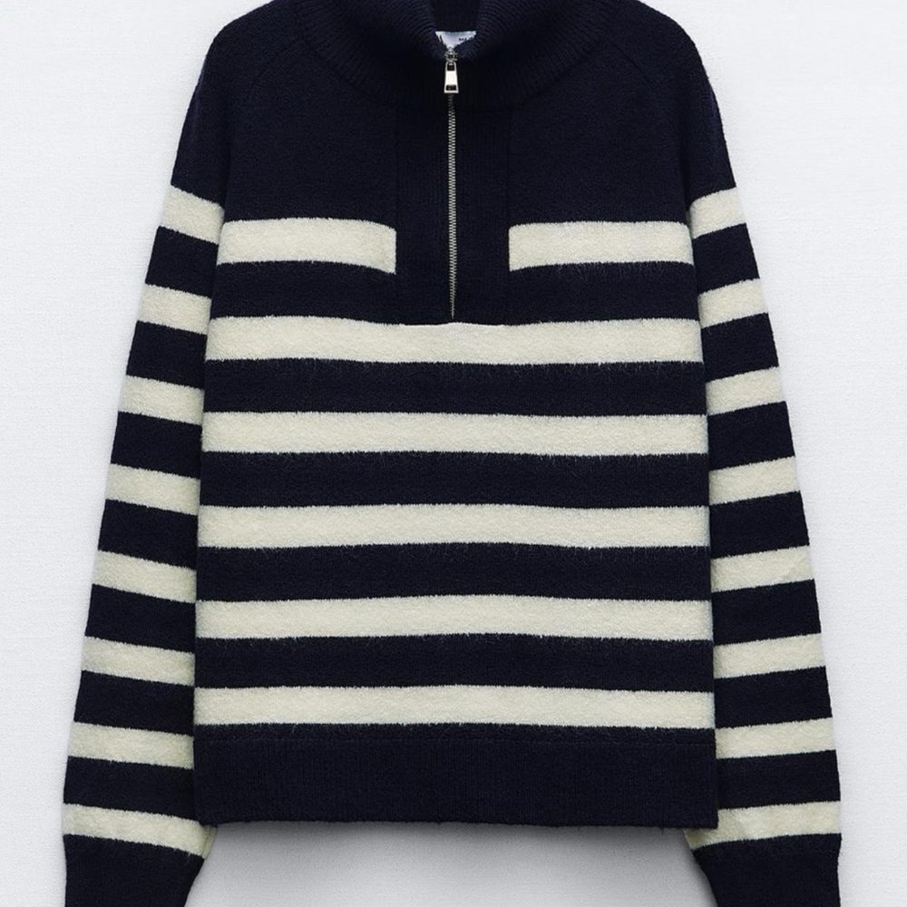 New Zara Black and Cream Striped Crop Cowl Sweater - Picture 7 of 8